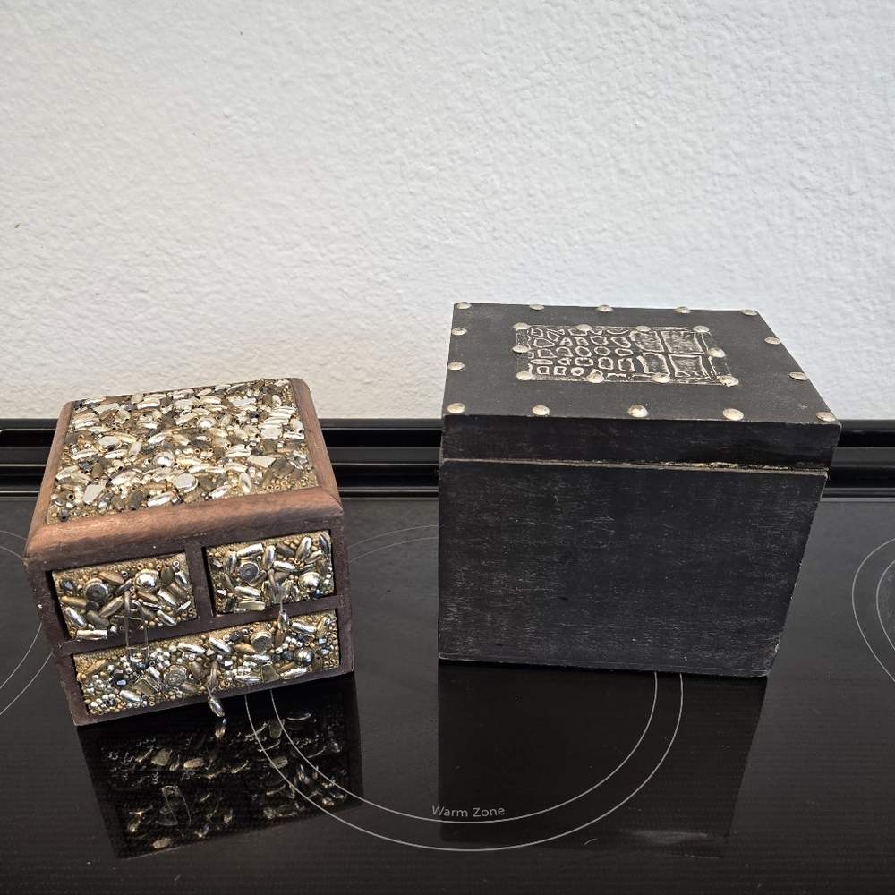 2 Embellished Wooden Boxes with metal accents